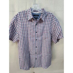Banana Republic Camden Fit Mens S 100% Linen Short Sleeve Plaid Shirt Red Blue